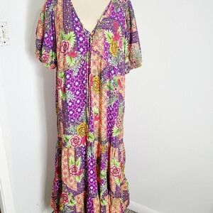 Avenue Floral Multicolor Alice Midi-Dress, Ruffled Hem, Puff Sleeves, Sz 14, NWT